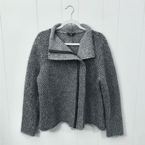 Eileen Fisher Sweater Jacket Organic Wool Alpaca Blend Gray Black Herringbone XL